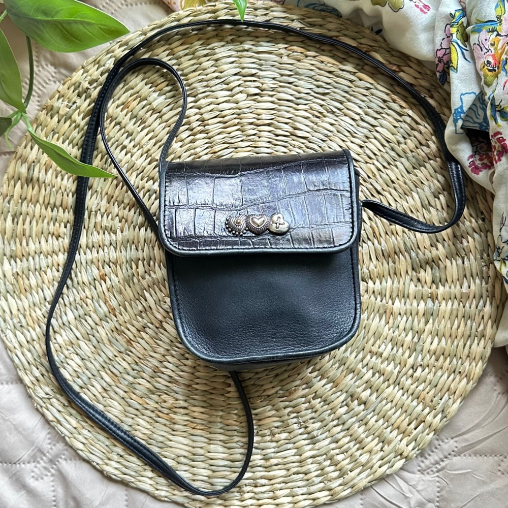 Brighton Vintage Black Leather Croc Embossed Heart Crossbody Mini Bag